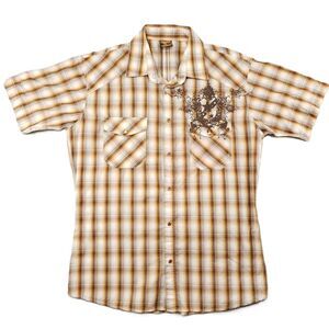 Demand Amber Pearl Snap Western Shirt Mens Large Brown Orange Plaid Cowboy Rodeo
